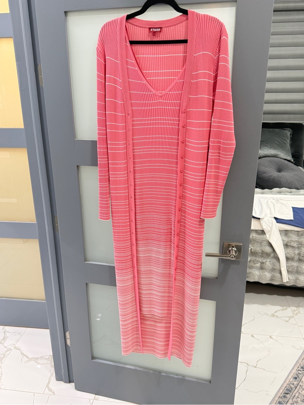 STAUD Coral-Pink Ribbed Button-Front Maxi Cardigan Dress L